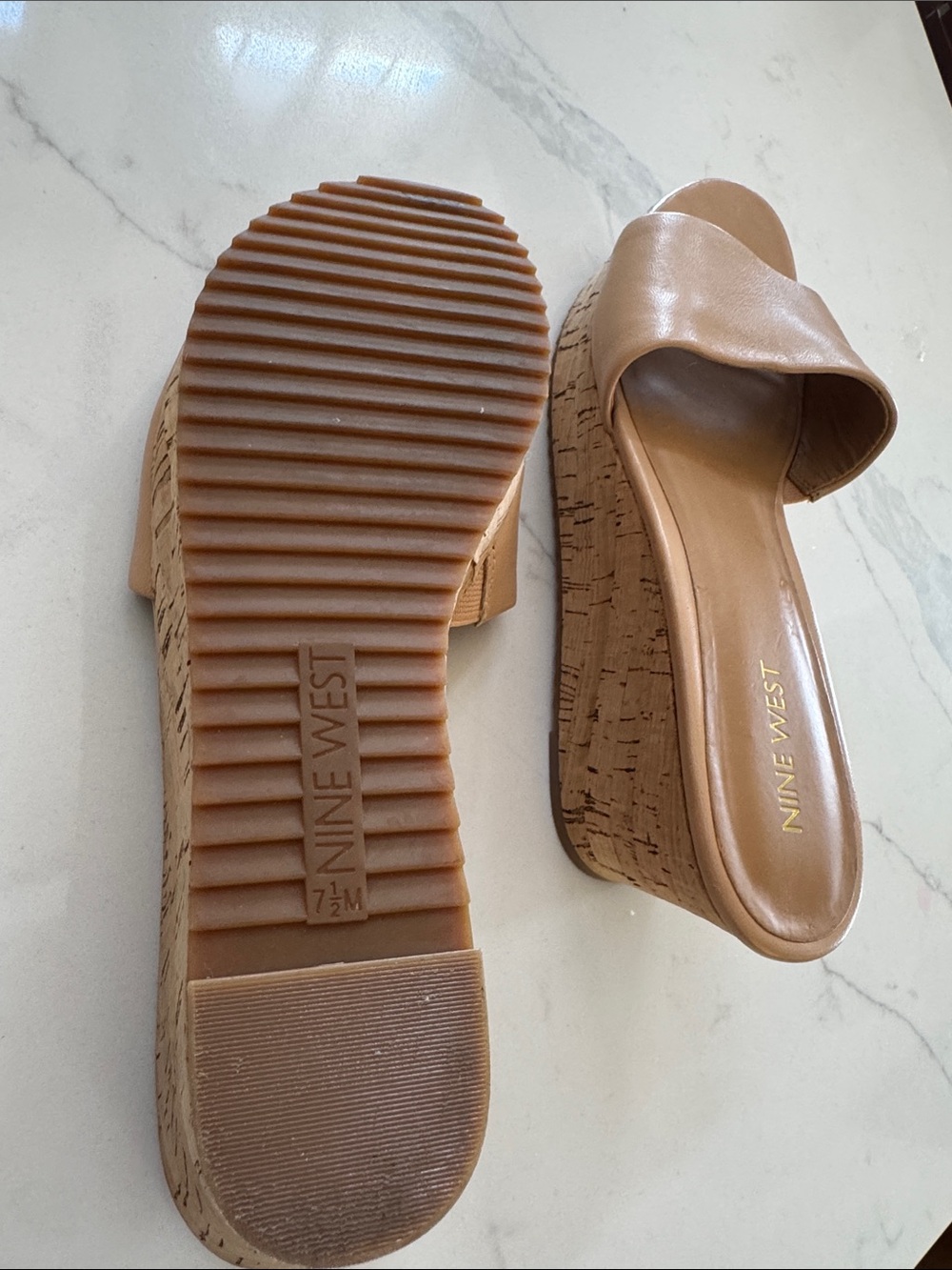 Nine West Beige Leather Cork Wedge Slides - Picture 4 of 4
